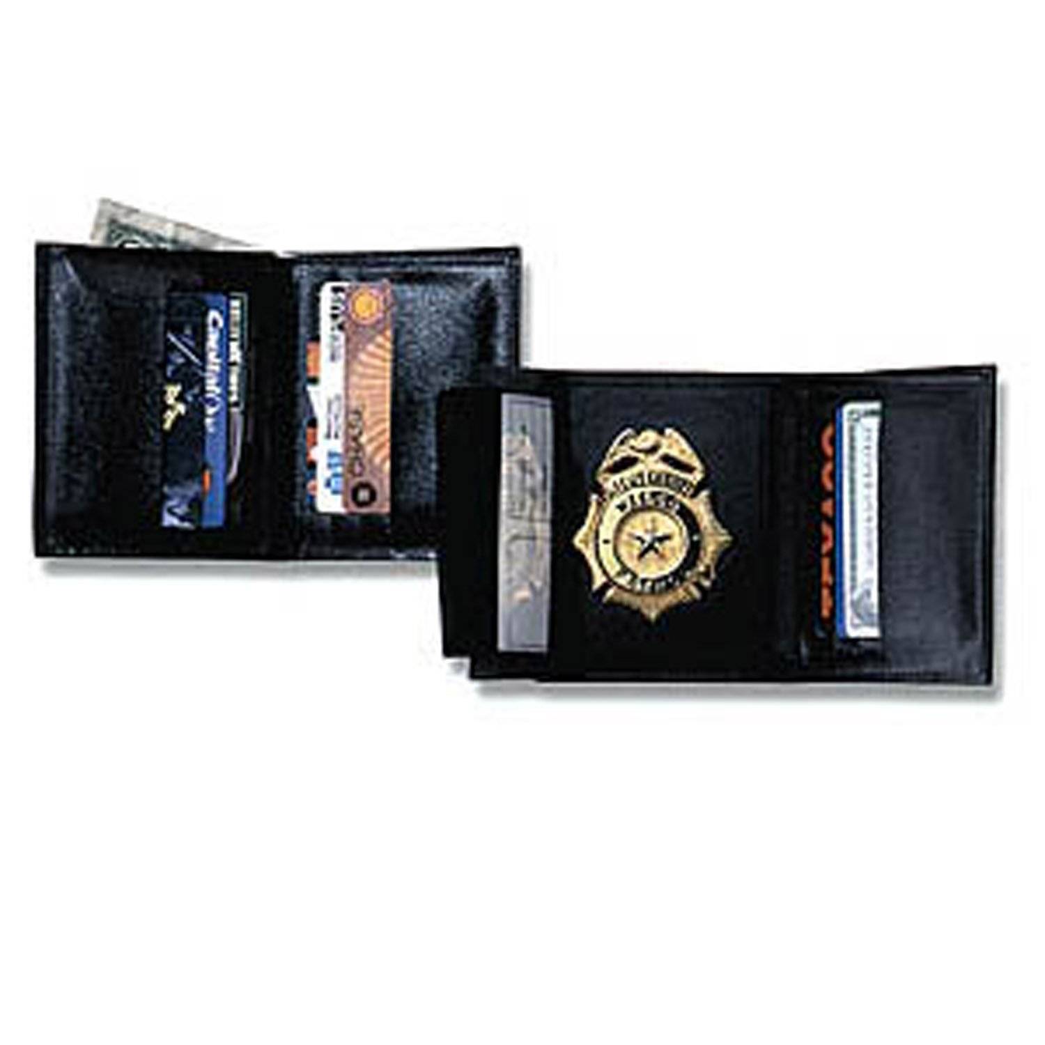 Strong Tri Fold Traditional Size Leather Badge Wallet with RFID