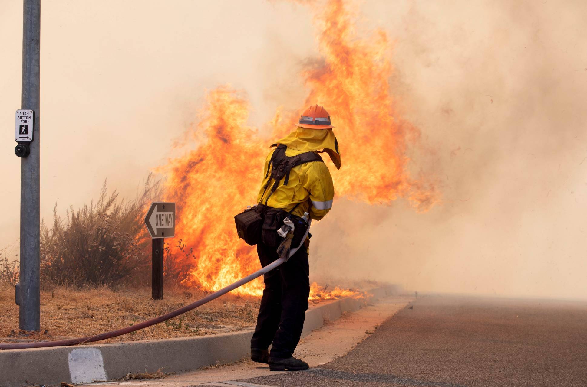 Firefighter fighting brush fire