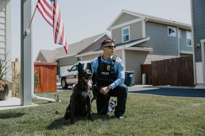 Police officer with K9 in front yard
