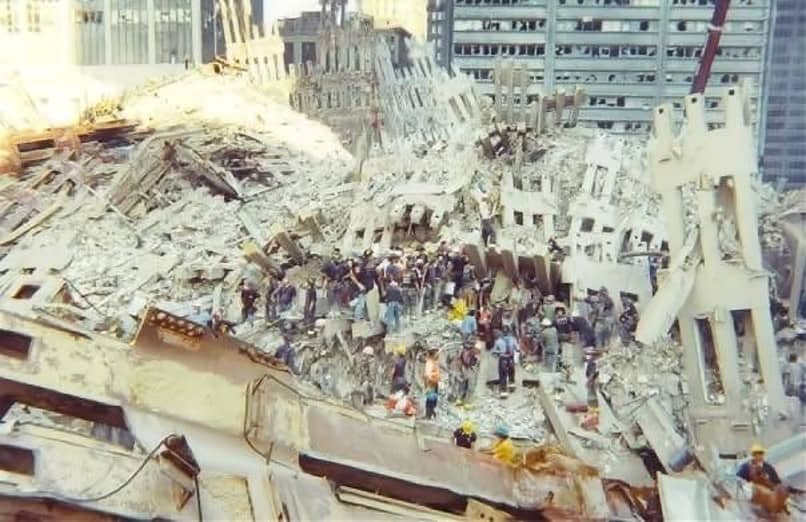 Rescue crews searching rubble at Ground Zero after 9/11
