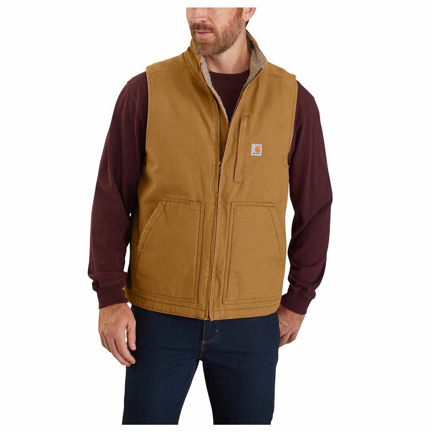 CARHARTT LOOSE FIT WASHED DUCK SHERPA-LINED VEST IN BROWN