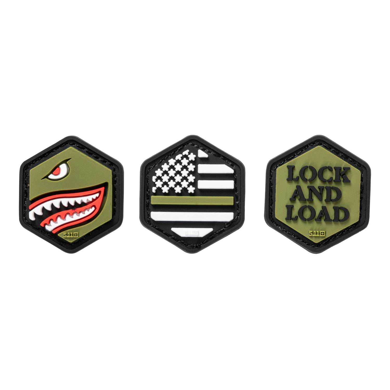NEW SET OF 3 5.11 TACTICAL HEX GRID PATCH GLOW IN THE DARK SPARTAN, FLAG,  SCOPE